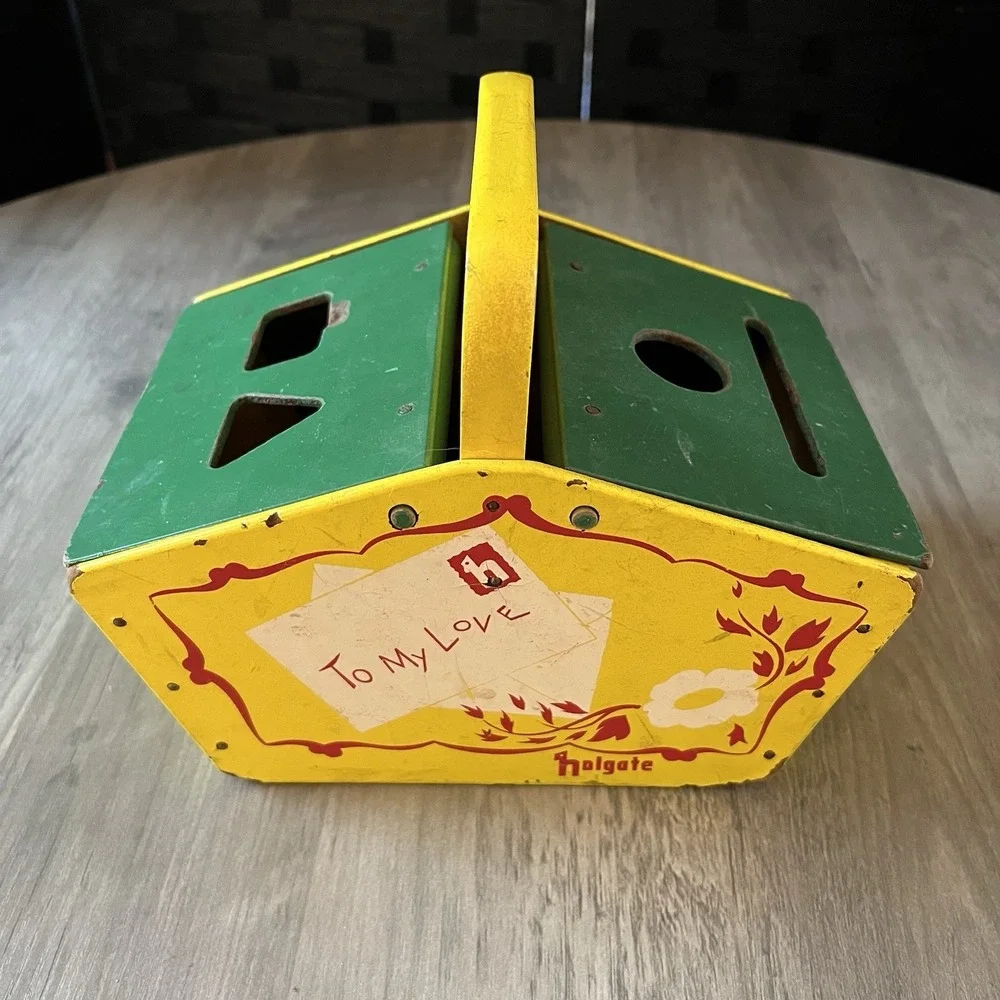 Vintage Holgate Wooden Picnic Basket Shape Sorter w/Blocks Shapes Fair Condition